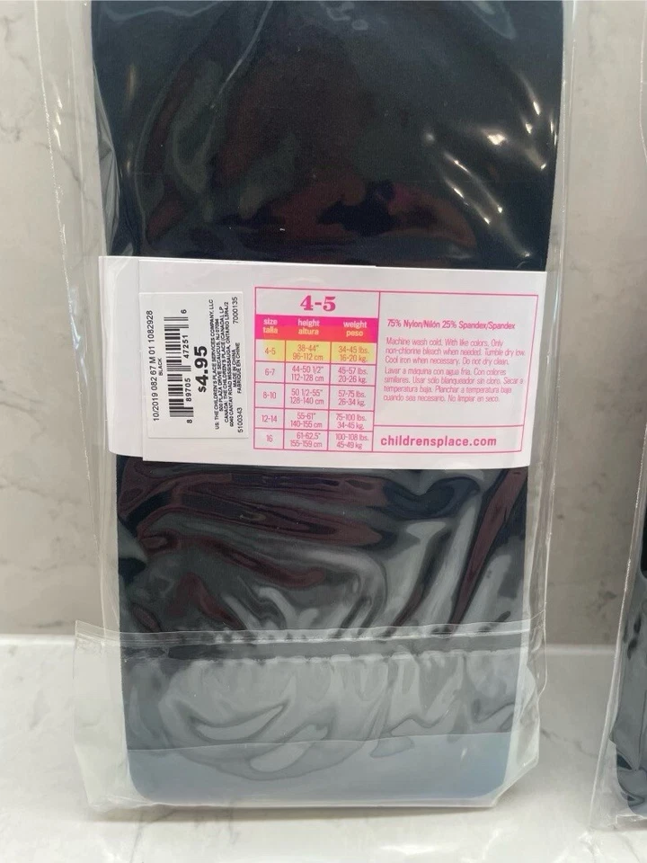 The Childrens Place Girls Tights (3) Black Pair (3) White Pair, New, Size 4-5 - Image 2 of 2