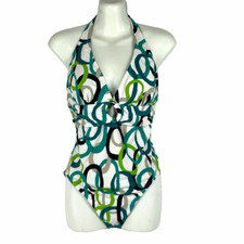 Jantzen One Piece Bathing Suit Women's 10 Nylon Stretch Halter Teal White Green