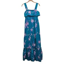 Vintage 70s Hilo Hattie Maxi Dress L Teal Blue Floral Ruffle Tropical Hawaiian