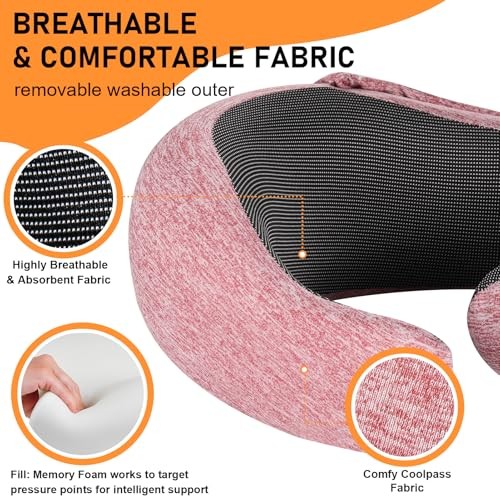 Hooded Memory Foam Travel Neck Pillow for Airplane in Red