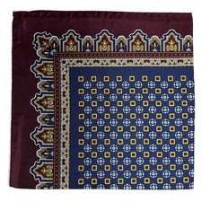 17" Navy Blue / Burgundy Floral Silk Twill Pocket Square Handmade in Italy 
