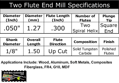 Fresa terminale CNC in carburo .050" 1,27 mm 2 flauti estremità quadrata gambo 1/8 10 pezzi Kyocera - Foto 4 di 4