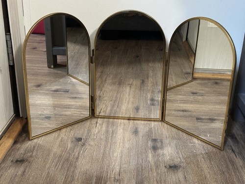 Vintage Gold Arched Tri Fold Makeup Mirror Gold Folding Cosmetic Vanity Mirror