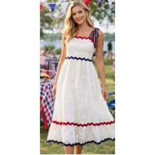 Brianna Cannon Americana Eyelet Red White Blue Ric Rac Babydoll Maxi Dress S