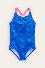 Mini Boden Logo Swimsuit Blue Spot Age 6-7 122cm Rainbow Applique Back Sun Safe
