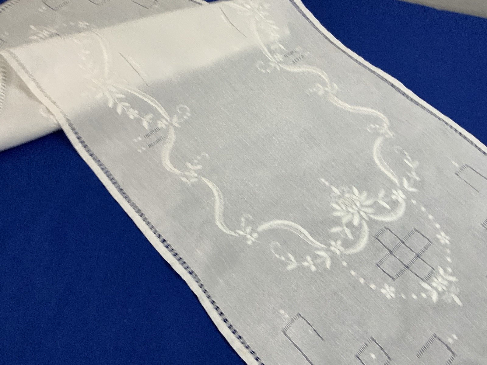 Vintage Dresser Scarf Or Table Runner, Flower & Dot Embroidery, Linen, White