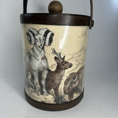 VTG 70s Kraftware Ice Bucket American Wildlife Hunting Cabin Lodge Ram Deer 10''