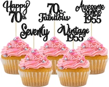 30Pcs Happy 70Th Birthday Cupcake Toppers Glitter Seventy Vintage 1955 Cupcake P