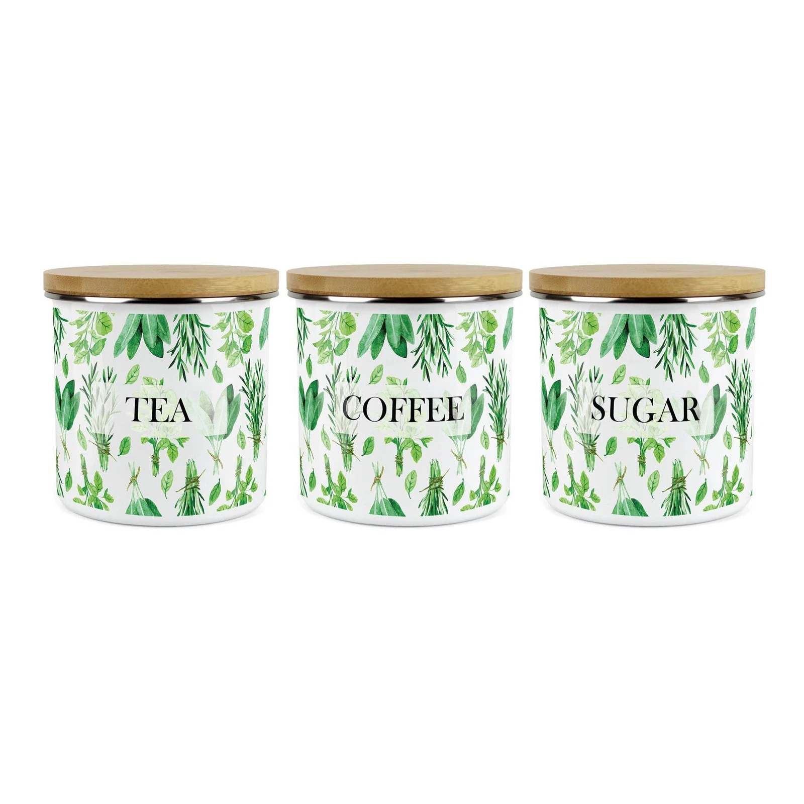Tea, Coffee & Sugar Canisters - 3x Kitchen Herbs Enamel Airtight Jar Storage
