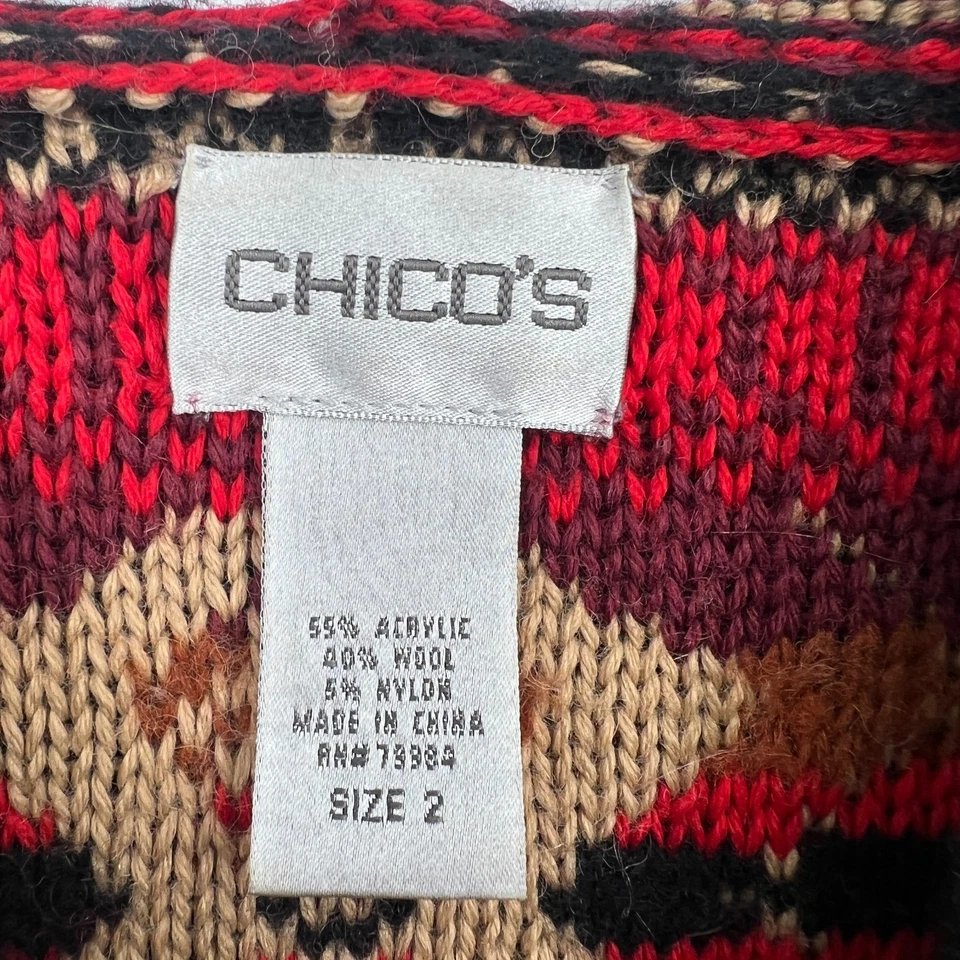 Chicos Suéter Cárdigan Mujer L 2 Plumero Tejido Suroeste Boho Rojo Lana Tribal Foto 4 de 4