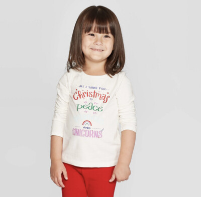 Girls Cat & Jack All I Want Christmas Peace Rainbows Unicorns Shirt 