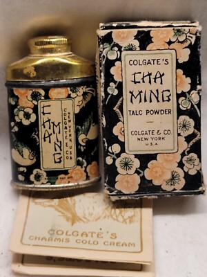 BEAUTIFUL OLD ''CHA MING'' SAMPLE TALCUM POWDER TIN w ORIGINAL BOX AND PHAMPLET 