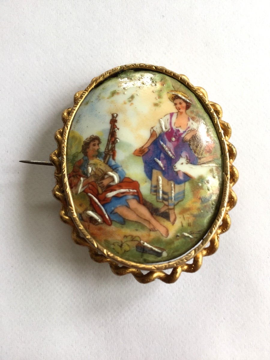 Broche De Foulard Bombée En Porcelaine De Limoges - Scène Champêtre Années 1920/30 - Occasion