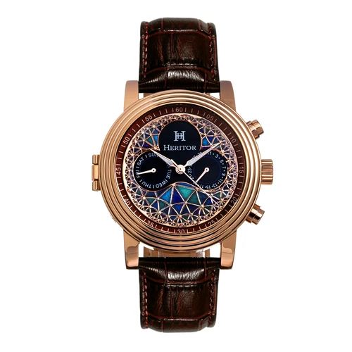 Heritor Automatic Legacy Leather-Band Watch w/Day/Date - Rose Gold/Brown