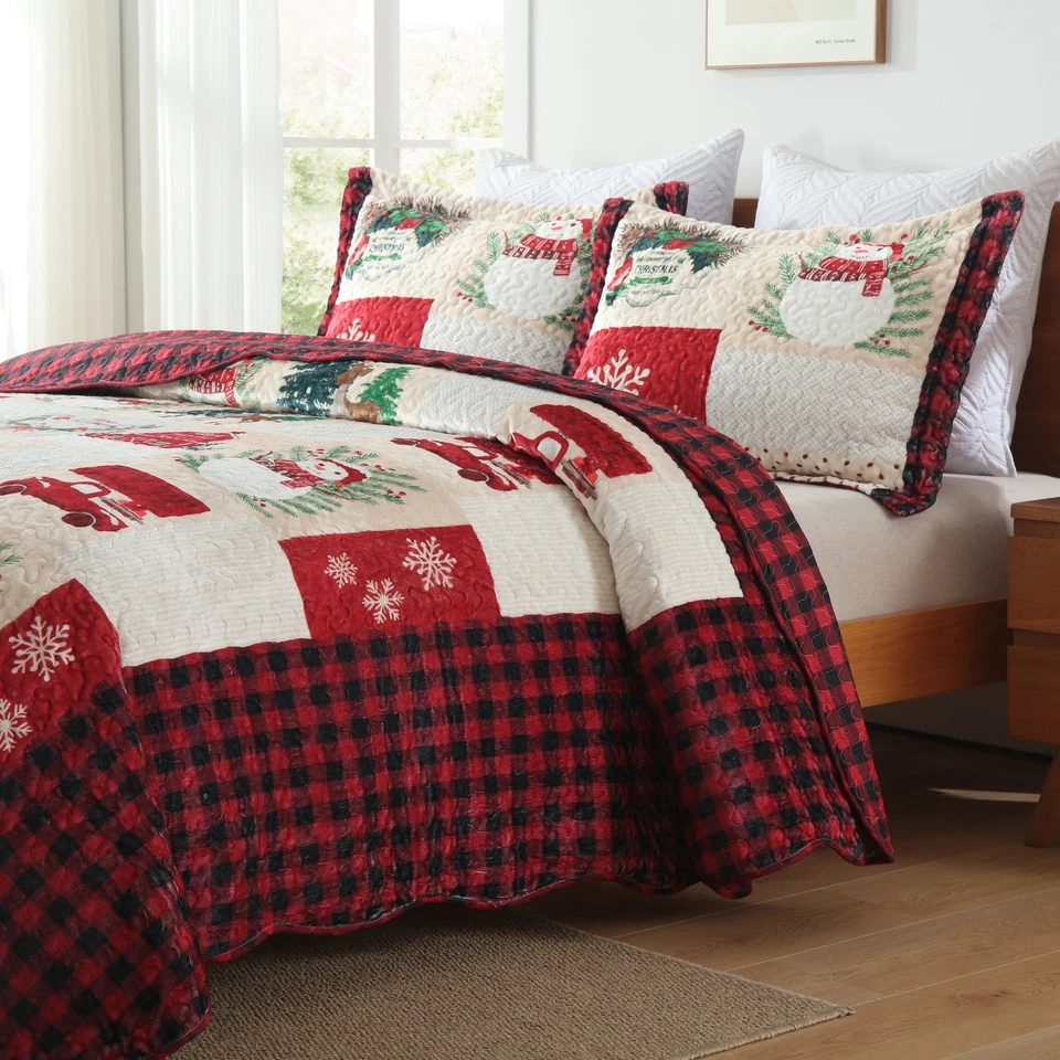 Juego de 3 edredones navideños acolchados de terciopelo de retazos de gran tamaño para dormitorio Foto 3 de 4