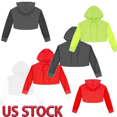 US Kids Girls Jazz Hip Hop Dance Crop Top Performance Hooded Sweatshirt Hoodie 