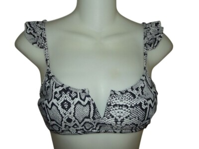 Kendall + Kylie Bikini Top Womens Medium Snake Print Black White v-neck ruffle