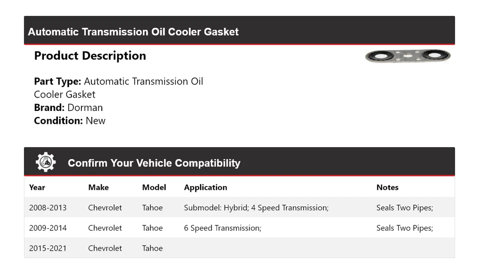 For 2008-2021 Chevrolet Tahoe Dorman Automatic Transmission Oil Cooler Gasket - Image 2 of 4
