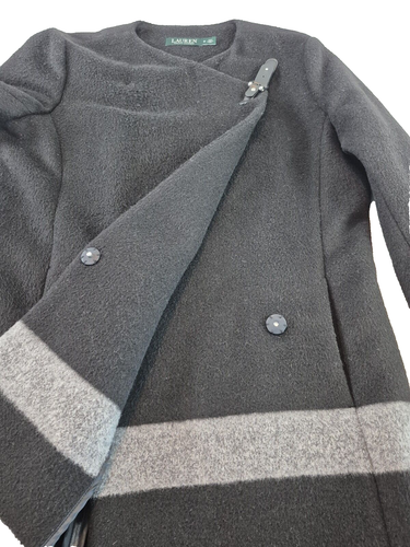 Ralph Lauren Tab Front Classic Wool Blend Black Gray Striped Coat Women's Size M - Picture 6 of 11