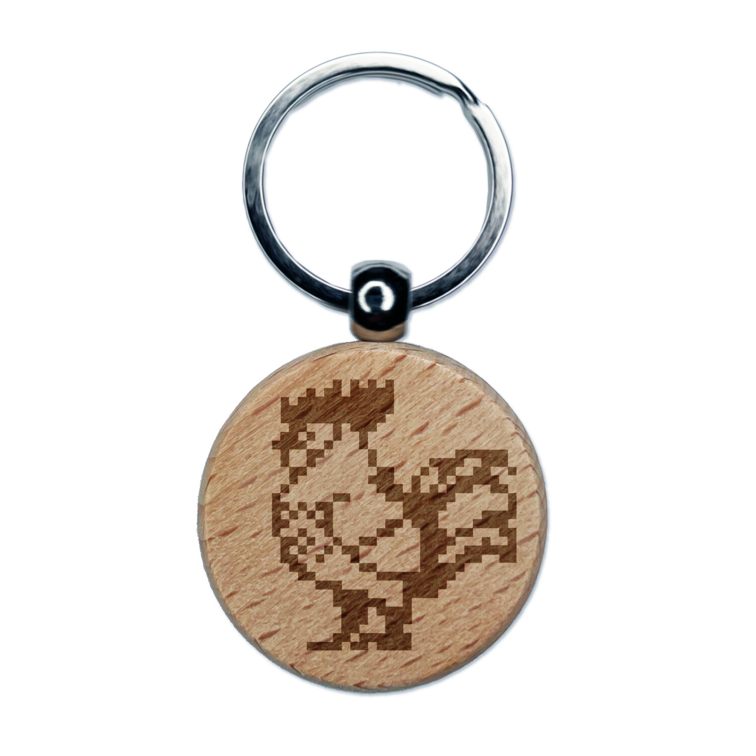 Pixel Rooster Chicken Engraved Wood Round Keychain Tag Charm