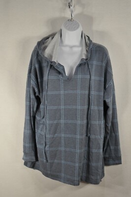 Fred David woman's Pullover 2X Hooded tee V Neck Long Sleeve Plaids Gray NWT
