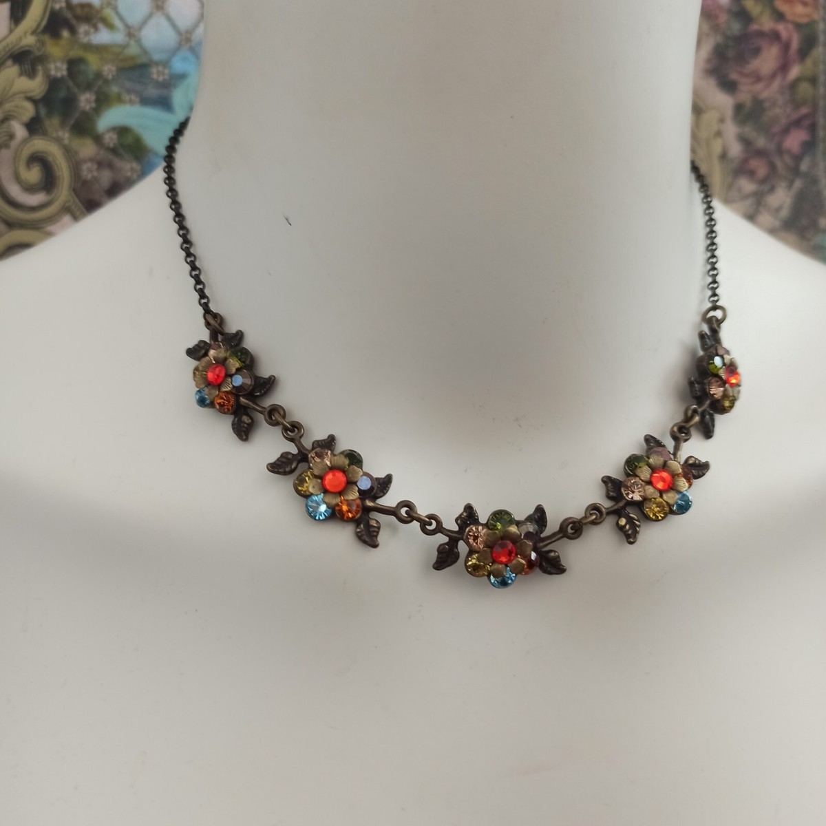 Michal Negrin Necklace Flowers Leaves Colorful White Swarovski