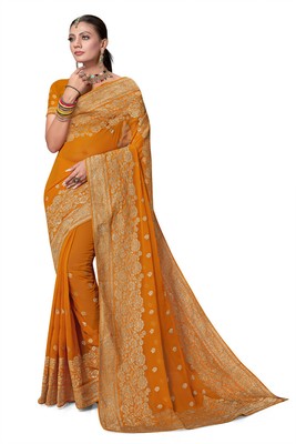 Traditional Mustard Heavy Zari Embroidery Work Sari Georgette Wedding Wear Saree