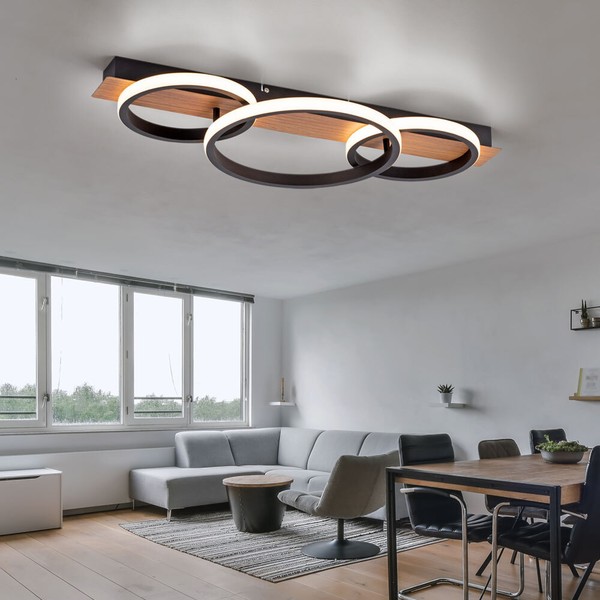 Holzleuchte Deckenlampe Deckenleuchte 3 Flammig Holzoptik Metall Schwarz 1X Led-image