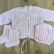 Handmade Crochet Baby Sweater Hat Booties Pink White 3-6 Mo