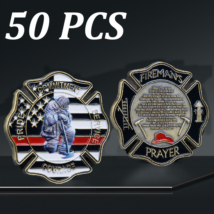 50PCS Firefighter Prayer Medal Challenge Coin Thin Red Line US Flag Fireman
