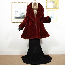 Vintage 80er Jahre Burgunder Kunstfell Maxi Trapez Mantel mit gro&szlig;em Kragen Gr. M