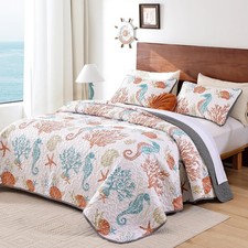 Coastal Quilt Set Size, 3 Pcs Summer Orange Beach Theme Queen Orange Ocean