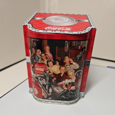 Vintage 5.5 in Coca Cola Sloped Metal Collectible Tin with Hinged Lid
