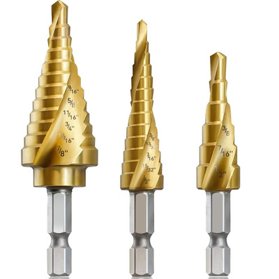 3PC Step Drill Bit Set, 1/4'' Hex Shank High-Speed Steel Spiral Grooved Step Dril