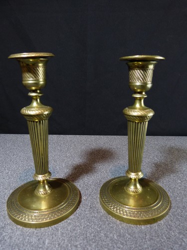Paire de bougeoir flambeau ancien 19 siècle XIX en bronze laiton style Louis XVI - Imagen 2 de 21