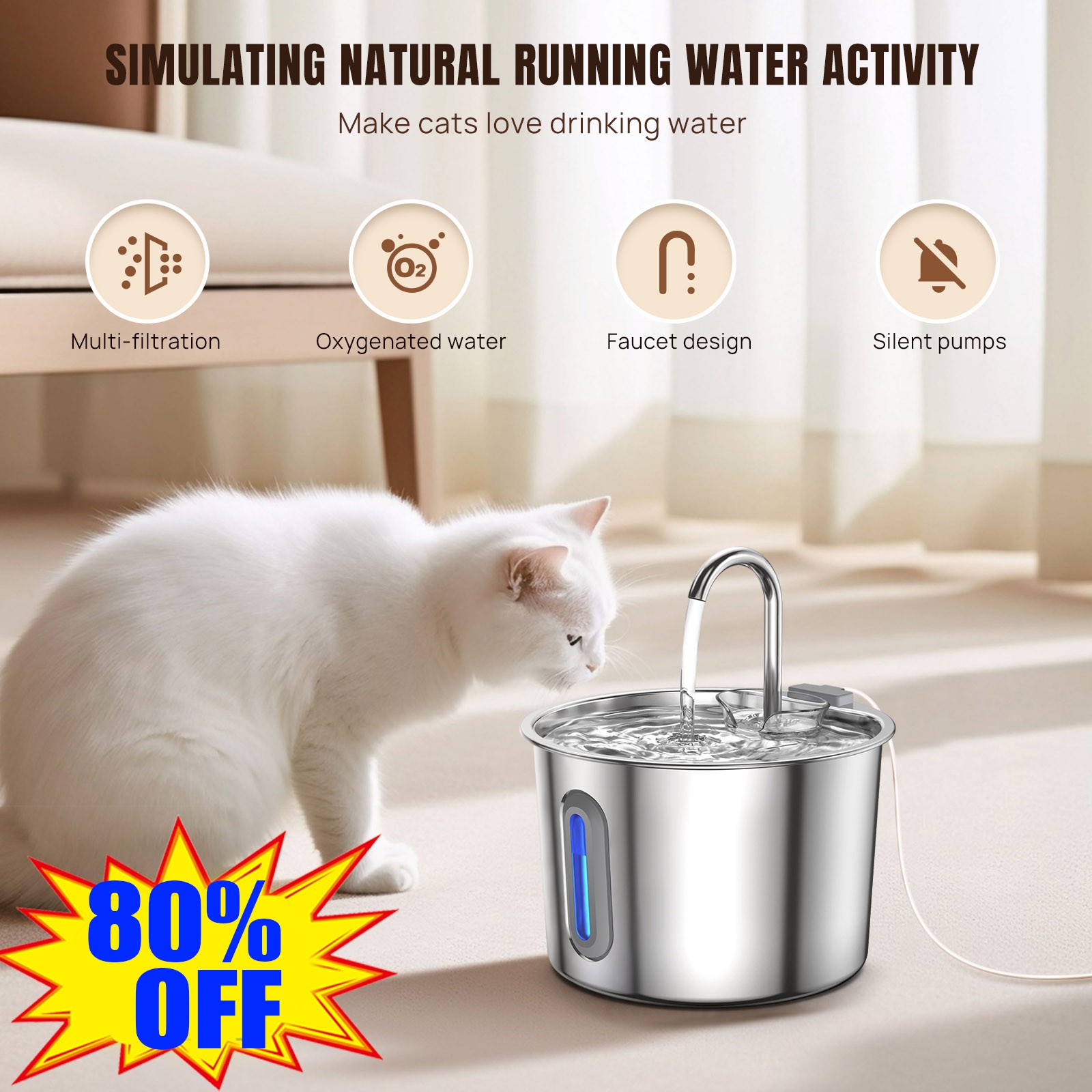 2.2L Led Automatic Cat Dog Kitten Water Drinking Fountain Pet Bowl Drink Dish