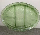 Vintage Jeanette Cherry Blossom Green Uranium Glass Divided Oval Platter 13”