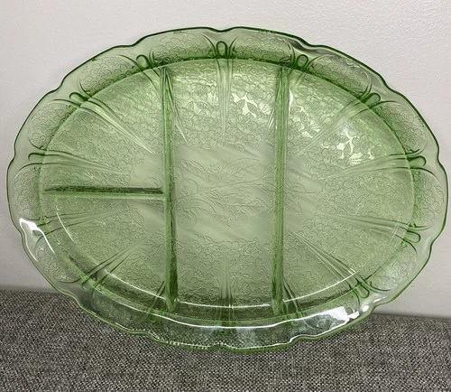 Vintage Jeanette Cherry Blossom Green Uranium Glass Divided Oval Platter 13”