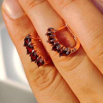 Marquise Cut Simulated Red Garnet Women's Hoop Earrings In 14k Rose Gold Plated