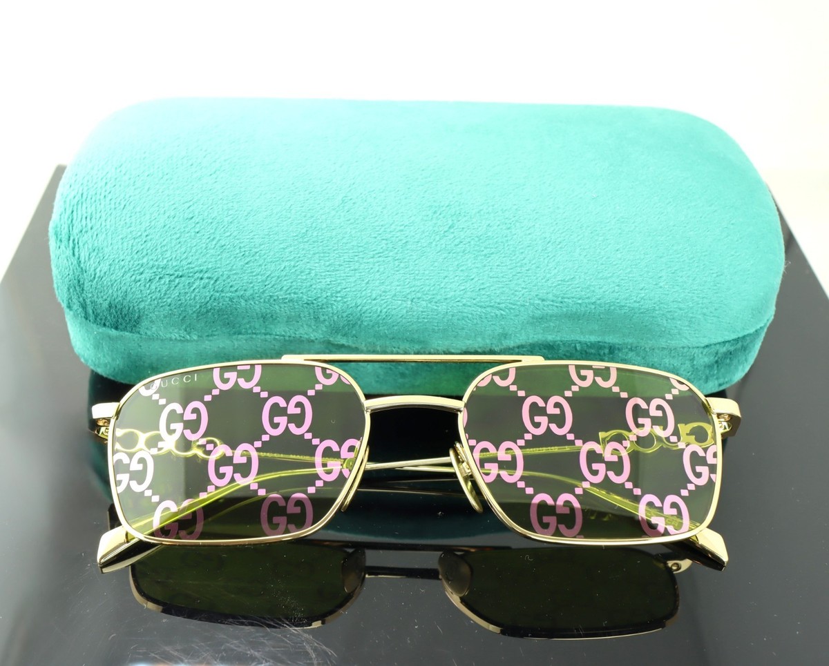 Gucci G1804S 002 Gold / Green GG Logo Lens Square Sunglasses 100