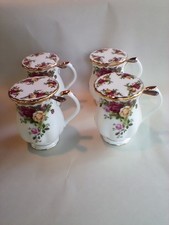 4 Royal Albert OLD COUNTRY ROSES tea Cup/ Mug With Tea Strainer & Covers
