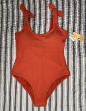 Kona Sol Womens Textured Bow Shoulder One Piece Swimsuit Orange Size L 12-14 NWT