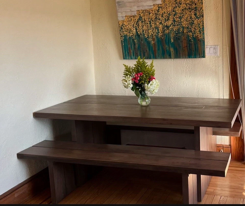 West Elm Dining Table With Bench Chairs - Image 2 of 4