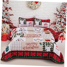 Christmas Quilt Set Queen Reversible Bedspread Queen 96" x 90" Beige Red
