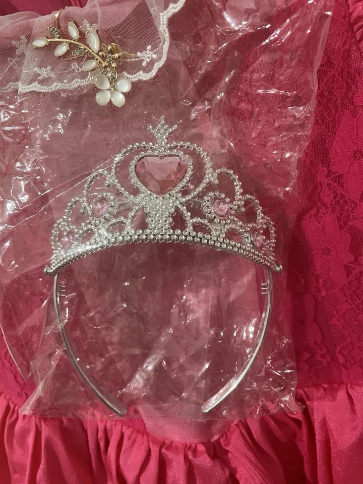 Niñas Vestido de Princesa y Corona Disfraz Rosa Talla 7/8 Tul Fiesta Bella Durmiente Usado en Excelente Condición Foto 3 de 4