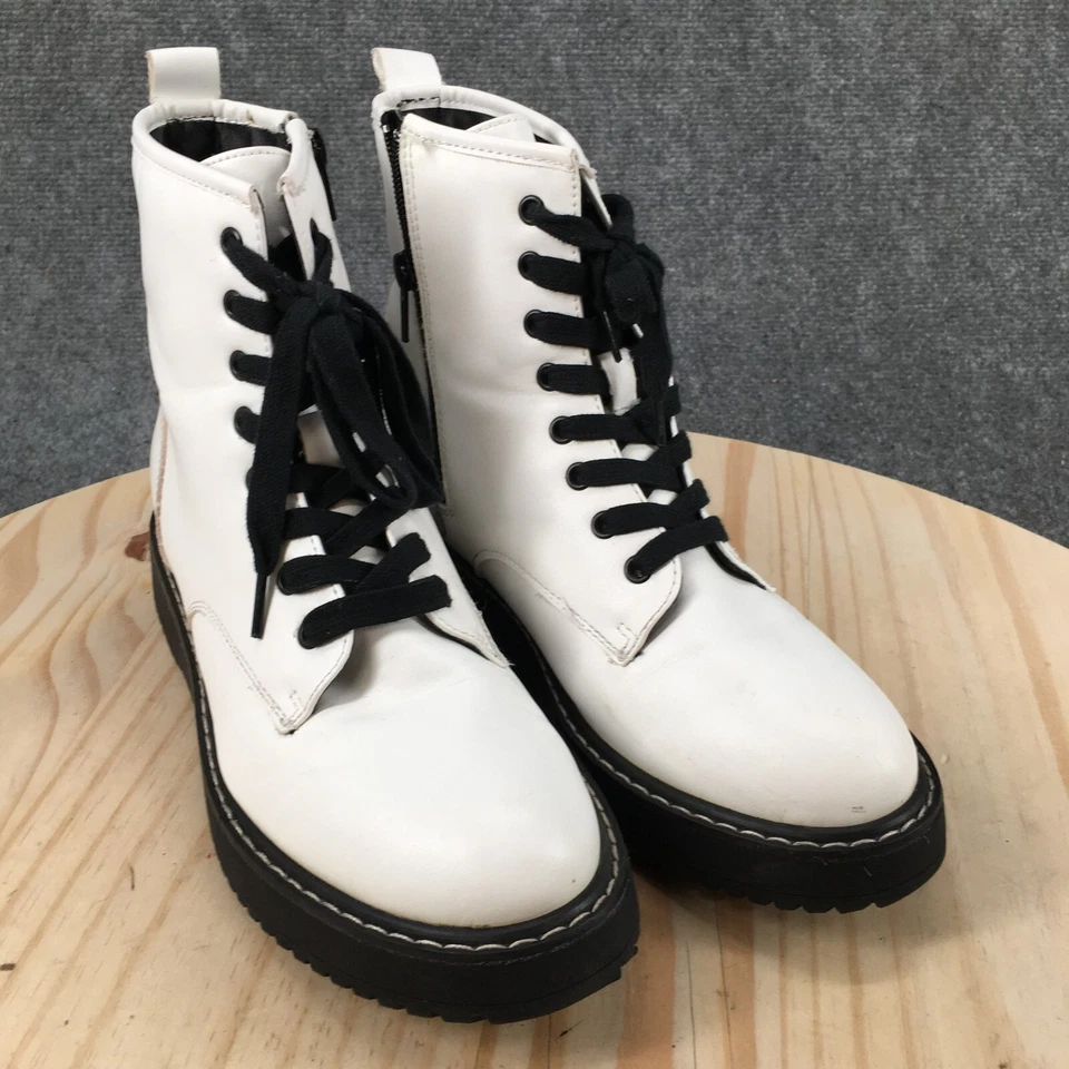 Botas de combate Madden Girl para mujer 8M Kurrt blancas imitación cuero media pantorrilla con cordones cremallera Foto 3 de 4