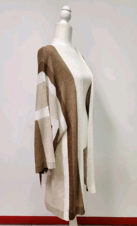 Per Se by Carlisle Open Duster Cardigan Linen LX Brown Color-Block Striped - Image 3 of 4