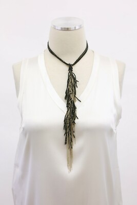 NWT $2695 Brunello Cucinelli Shiny 2-Tone Beaded Lariat Choker W/925 Silver A181