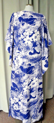 VTG Hilo Hattie Evelyn Margolis Caftan Kimono Sleeve MuuMuu Cobalt Floral 14