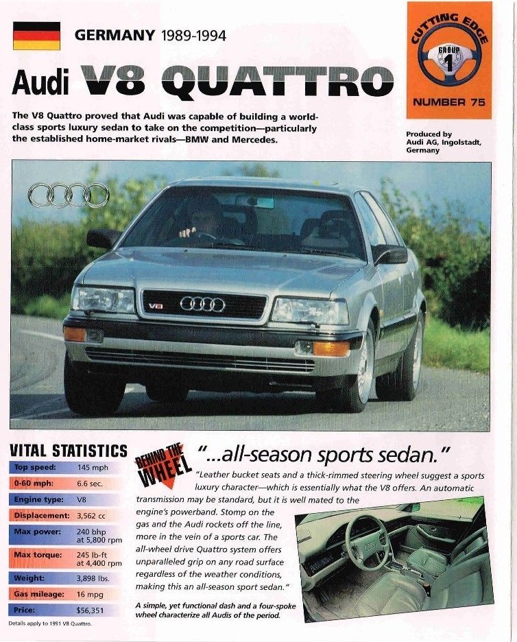 AUDI V8 QUATTRO SPEC SHEET / Brochure / Pamphlet: 1994,1993,1992